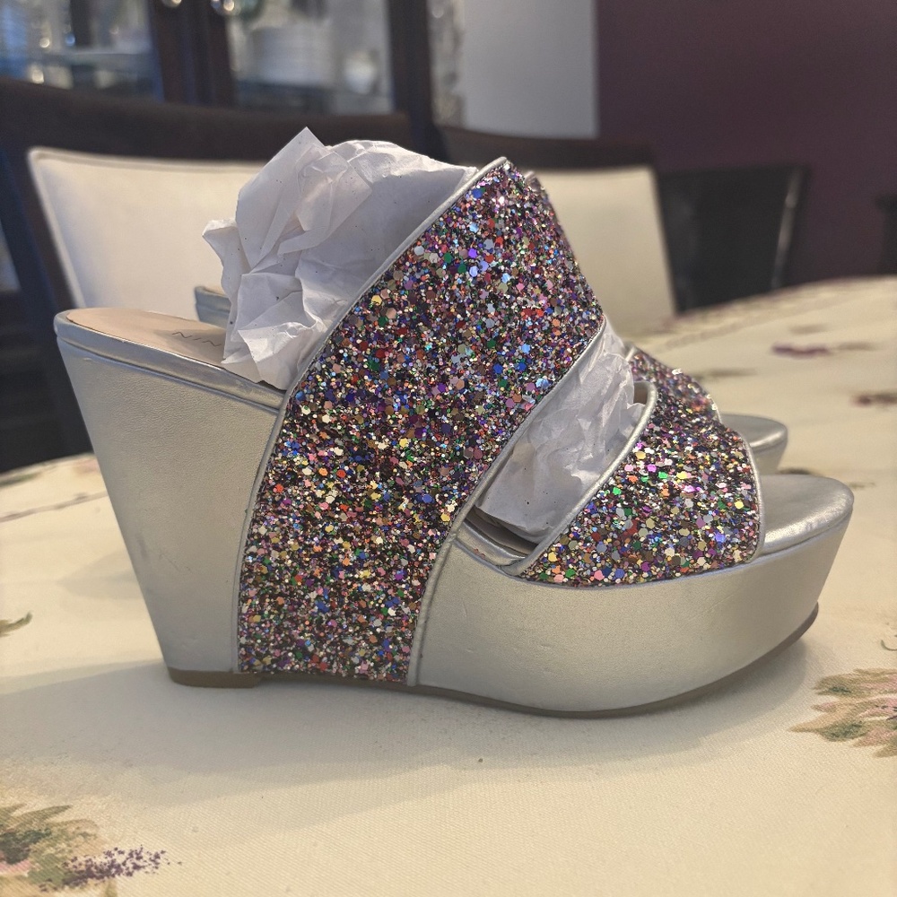 Nine West Silver Wedge Sandals with Multi-Color Glitter Straps
